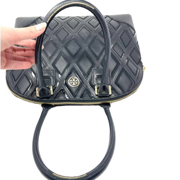 Tory Burch Robinson Logo Monogram Leather Dome Tote Shoulder Bag Black Gold - Picture 9 of 14